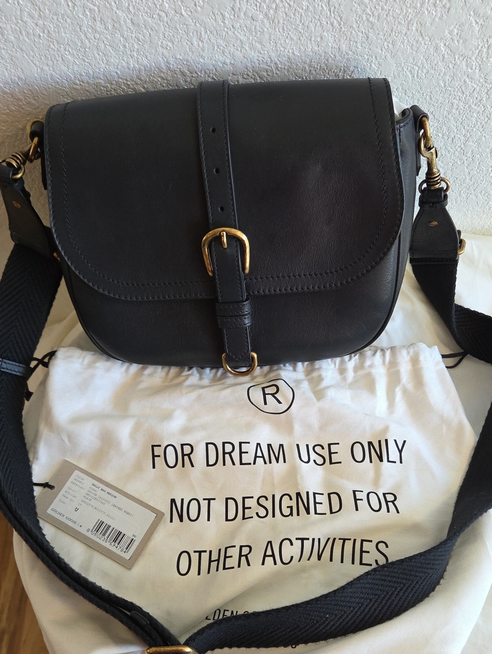Golden Goose Sally Black Leather Crossbody Bag with Gold Buckle